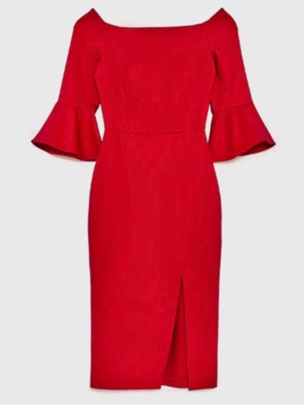 Zara Red Off-Shoulder Pencil Dress with Bell Sleeves